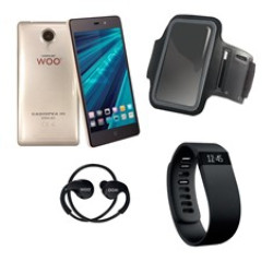 Telefono movil smartphone woo casiopea 3 dorado -  5pulgadas + pulsera de actividad +  brazalete impermeable + auriculares deportivos