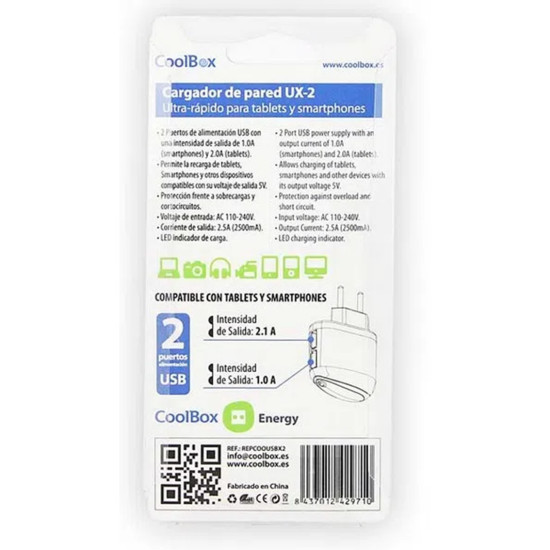 CARGADOR COOLBOX PARED 5V 2XUSB Cargadores para móviles CARGADOR COOLBOX PARED 5V 2XUSB Cargadores para móviles